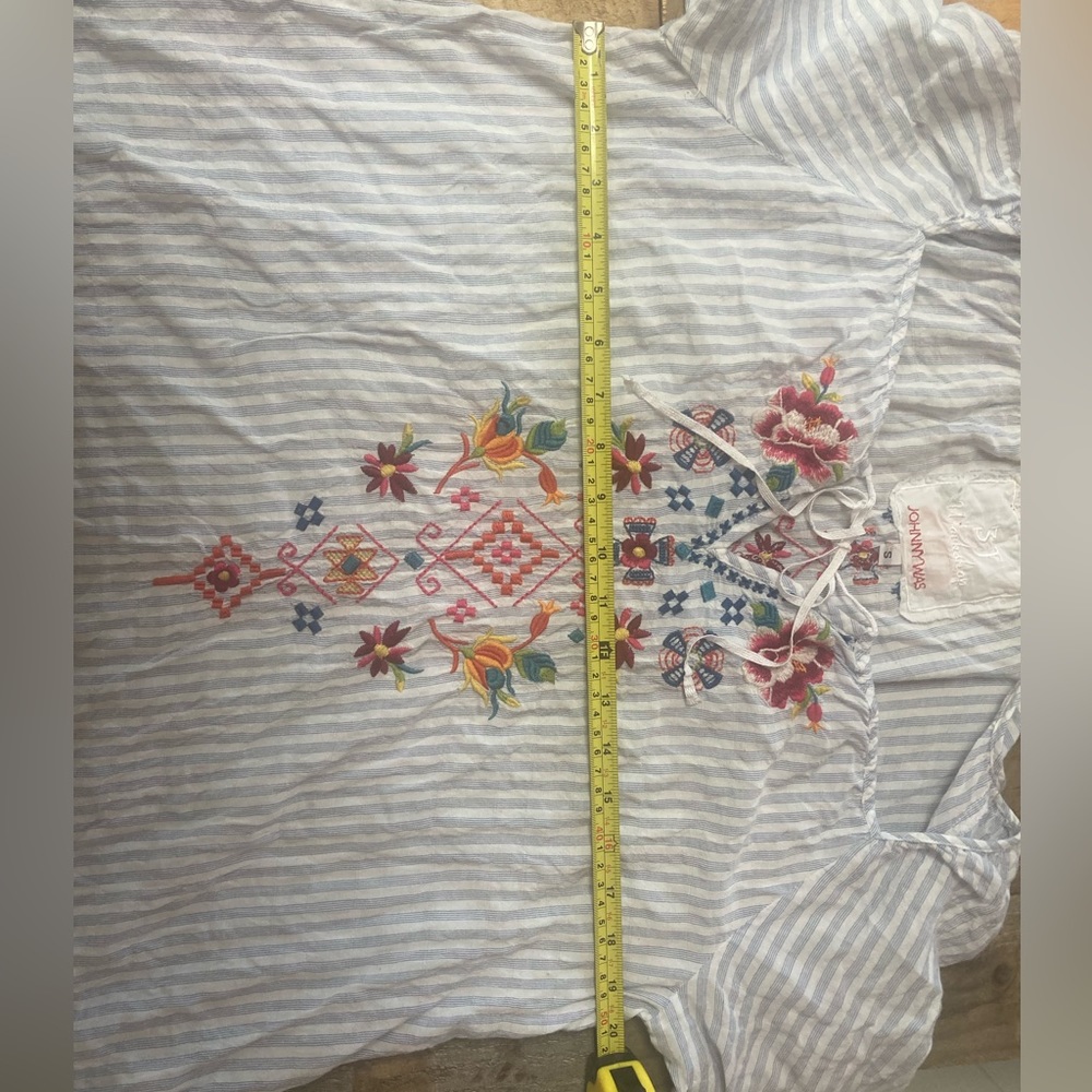 Johnny Was Light Blue Striped Peasant Top with Multicolor Embroidery Size Small - Picture 7 of 12